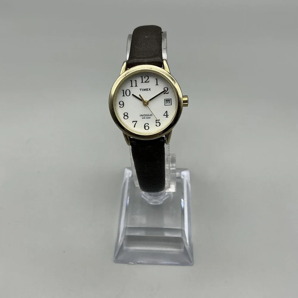 Timex Indiglo Womens Watch 25mm White Dial Leather Date Gold Tone New Battery